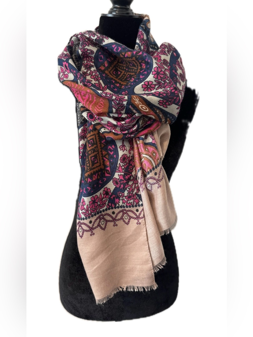 Chico's Boho Paisley Floral Oversized Scarf Wrap Shawl Pink Beige One Size